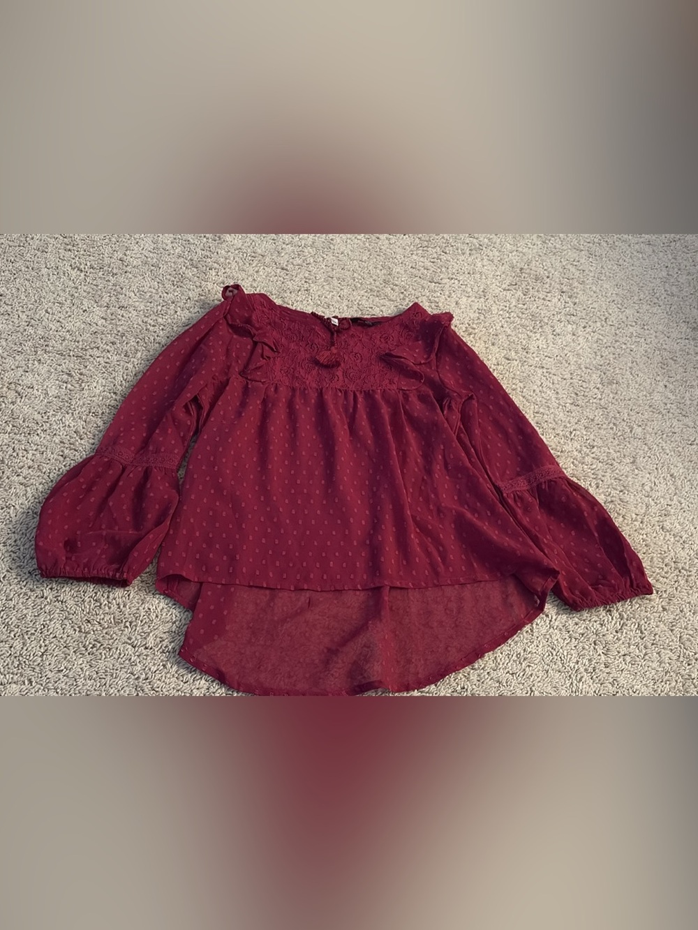 Girls' Burgundy Lace Yoke Blouse with Ruffle Detail